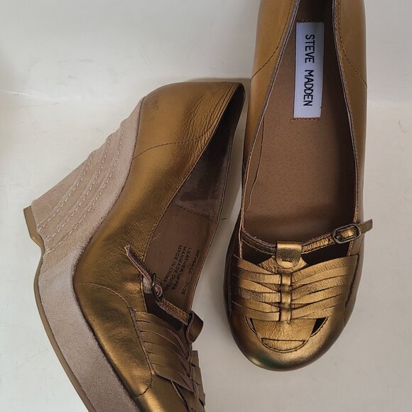 Vtg Steve Madden Gold Bronze Round Toe Platform Wedge Heel 7.5 - Picture 16 of 16
